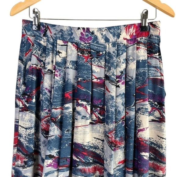 Vintage 80s Selections Manor House Abstract Print Pleated Midi Skirt Blue Red, M - Picture 2 of 12